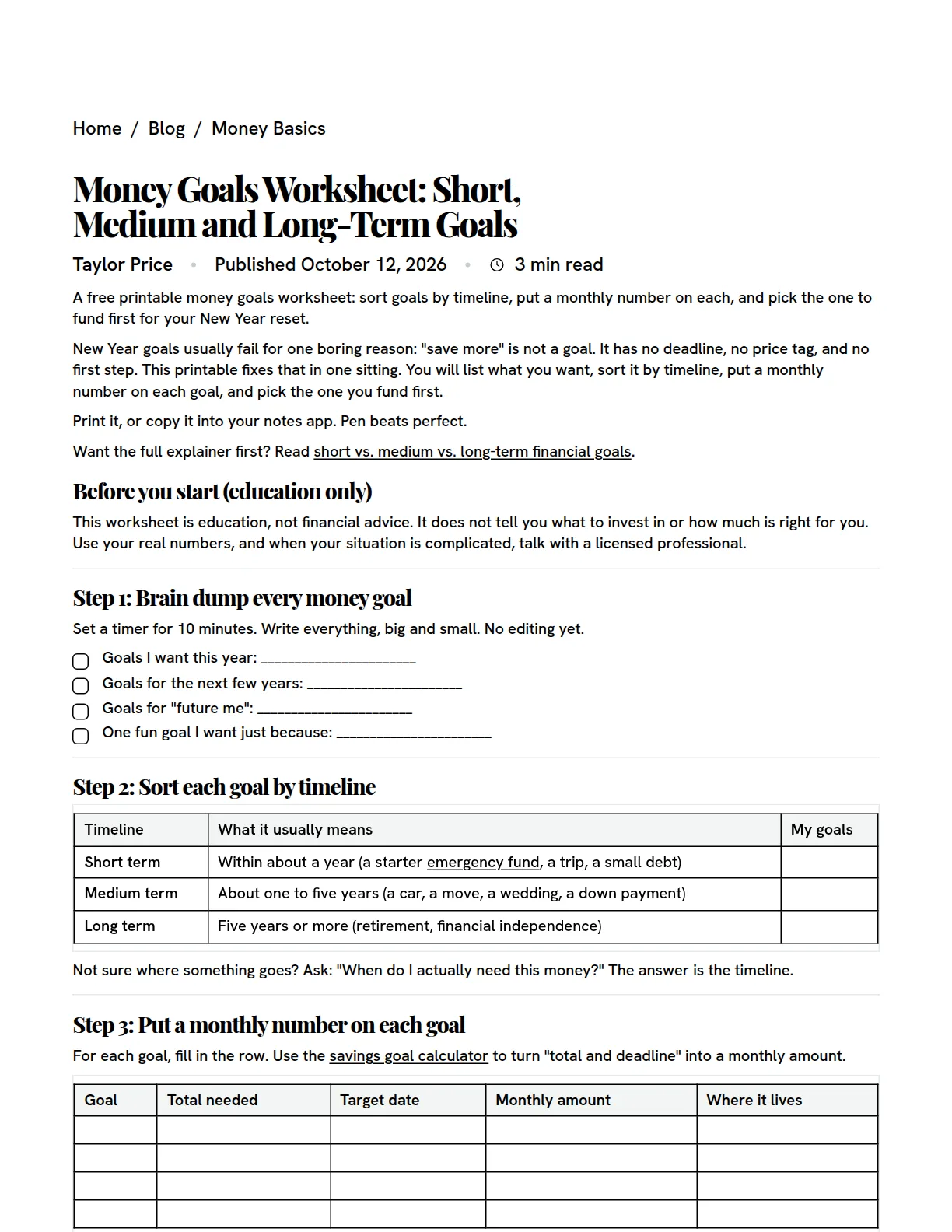 Preview of the printable Money Goals Worksheet, page one: a title, a brain dump checklist for this year, the next few years and future you, a table that sorts goals into short, medium and long term, and a table with columns for goal, total needed, target date, monthly amount and where it lives.